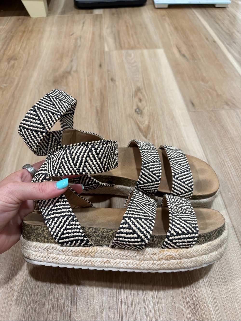 Woven Black & White Strappy Platform Sandals